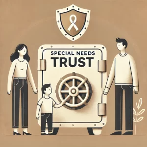 DALL·E 2025 01 14 10.55.14 A clean and simple illustration for a guide to special needs trusts. The image features a caring family parents and a child with special needs stand | word3