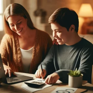 DALL·E 2025 02 20 12.07.17 A warm and welcoming image of a family discussing financial planning at a table. A parent is helping their child with disabilities open an ABLE accoun | word2